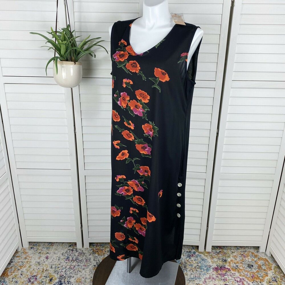New La Cera 2771X Sleeveless V Neck Floral Lounge Dress Black Red Midi Size 1X